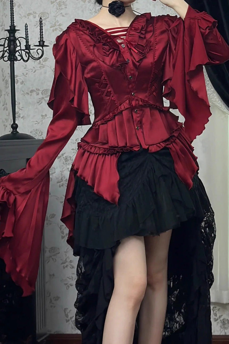 Echoes of the Deep Sea Long Hime Sleeves Ruffled Bow Lace-Up Gothic Ouji Lolita Blouse 4 Colors