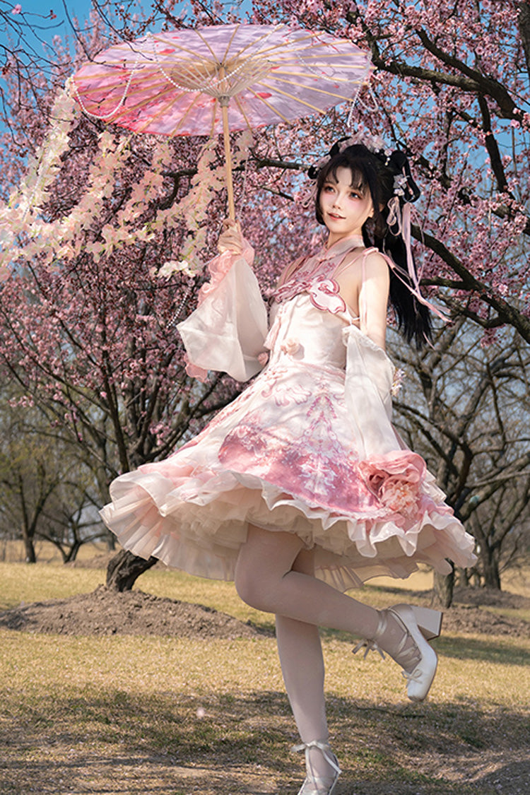 Pink Flower Feast Multi-Layered Print Ruffle Bowknot Sweet Chinese Style Lolita Jsk Dress