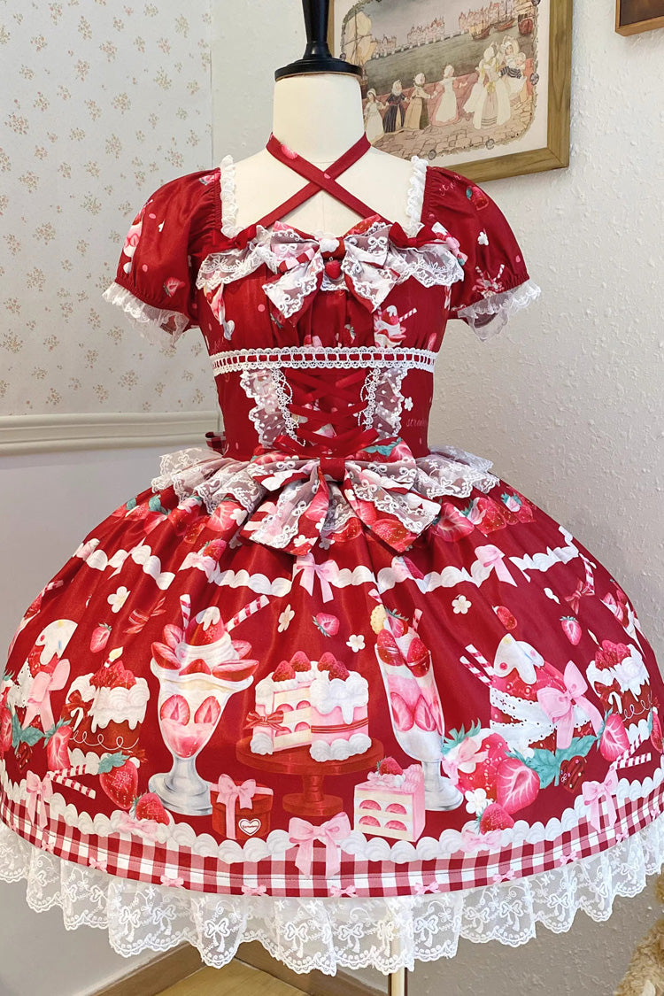 Red Strawberry Parfait Print Short Sleeves Ruffle Bowknot Lace Lace-Up Sweet Lolita Dress