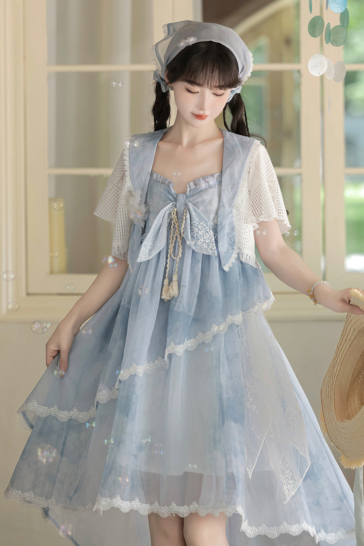 Blue Clouds Resting in the Wilderness Print Ruffle Embroidery Bowknot Lace Irregular Lolita Jsk Dress