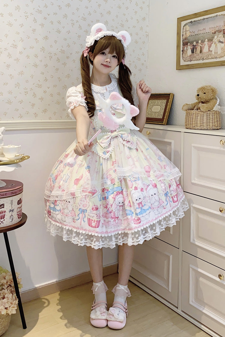 Yellow Cute Rabbit Sweet Cake Print Ruffle Bowknot Lace Sweet Lolita Jsk Dress