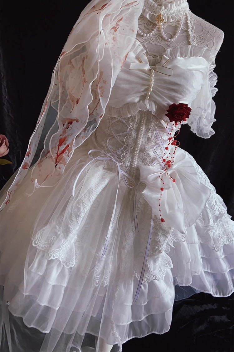 White Blood Kiss Bride Halterneck Multi-Layered Ruffle Hanayome Bowknot Lace Gothic Lolita Jsk Dress