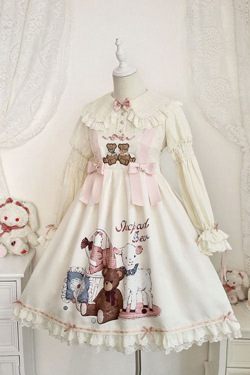 Ivory Sheep & Bear Print Alice Girl Bowknot Ruffled Sweet Lolita JSK Dress
