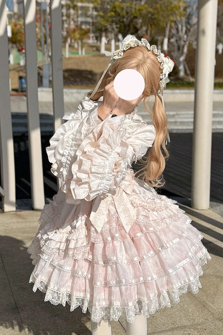 Pink The Soloist Doll Long Hime Sleeves Multi-Layered Print Ruffle Bowknot Asymmetric Sweet Lolita Dress