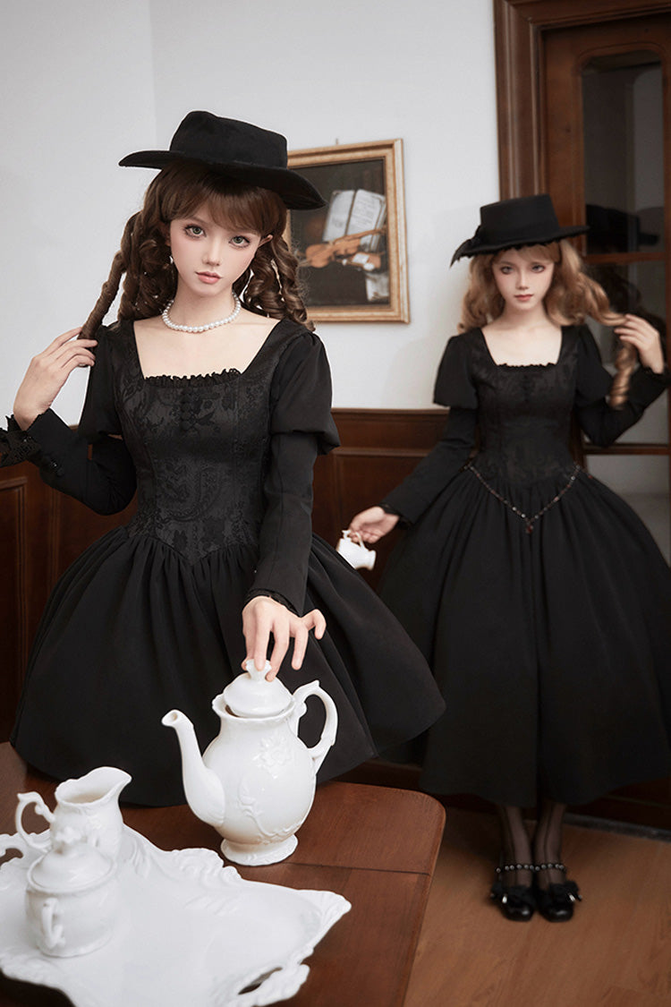 Black Old Testament Short Sleeves Ruffle Embroidery Bowknot Lace-Up Gothic Lolita Dress 2 Versions