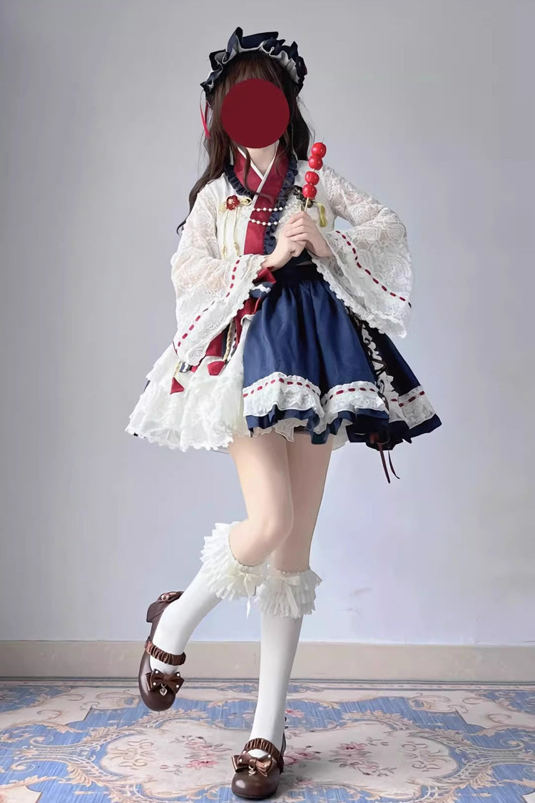 Red/White/Blue Hime Sleeves Ruffle Bowknot Japanese Princess Sweet Lolita Dress Skirt Set