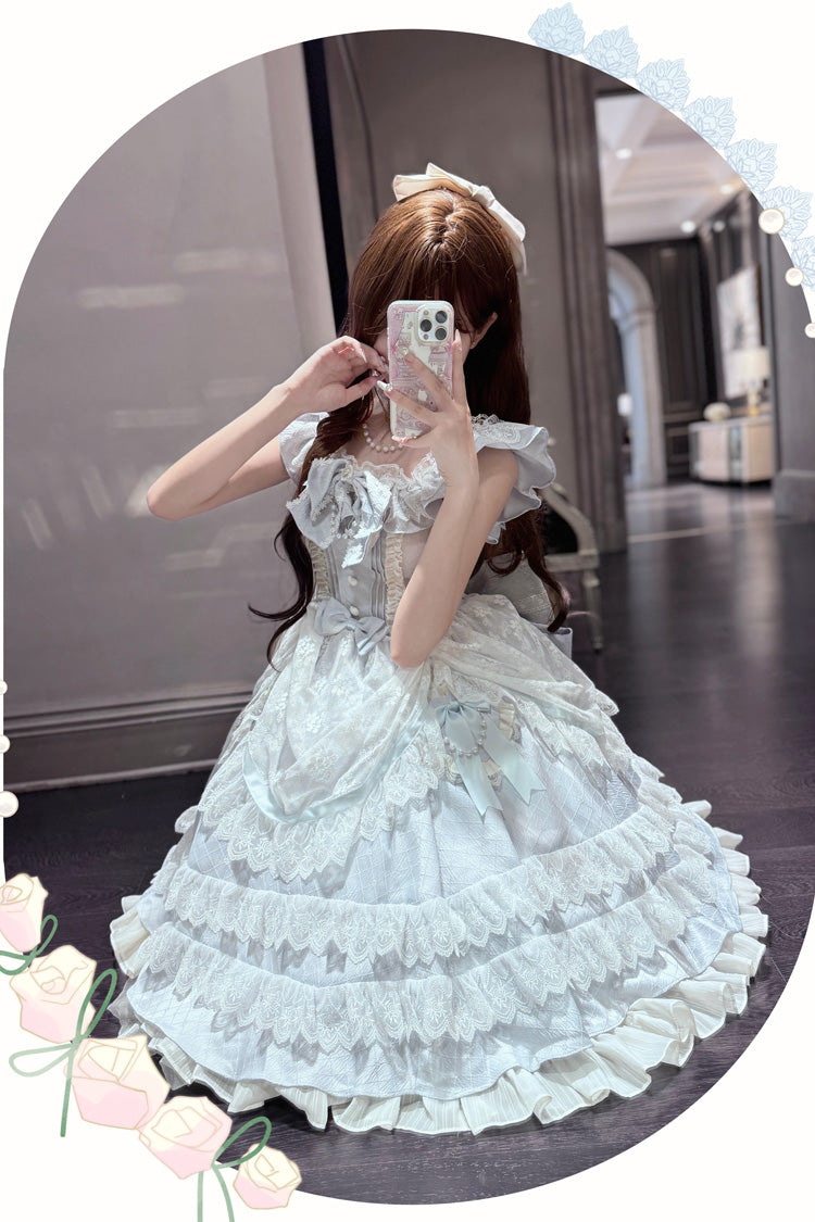 Blue Fairy Tale Advent Multi-Layered Ruffle Bowknot Lace Sweet Princess Gorgeous Lolita Tiered Dress