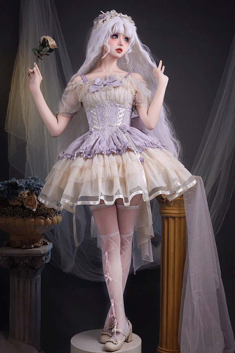 Purple/Ivory Dance of Time Triple-Layered Ballet Style Bowknot Lace-Up Sweet Lolita Jsk Dress