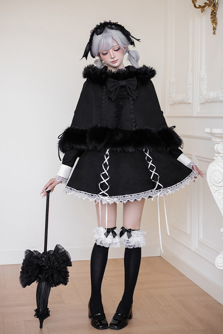 Black/White Rose Doll Square Collar Long Sleeves Bowknot Lace-Up Gothic Lolita Dress Set 2 Versions