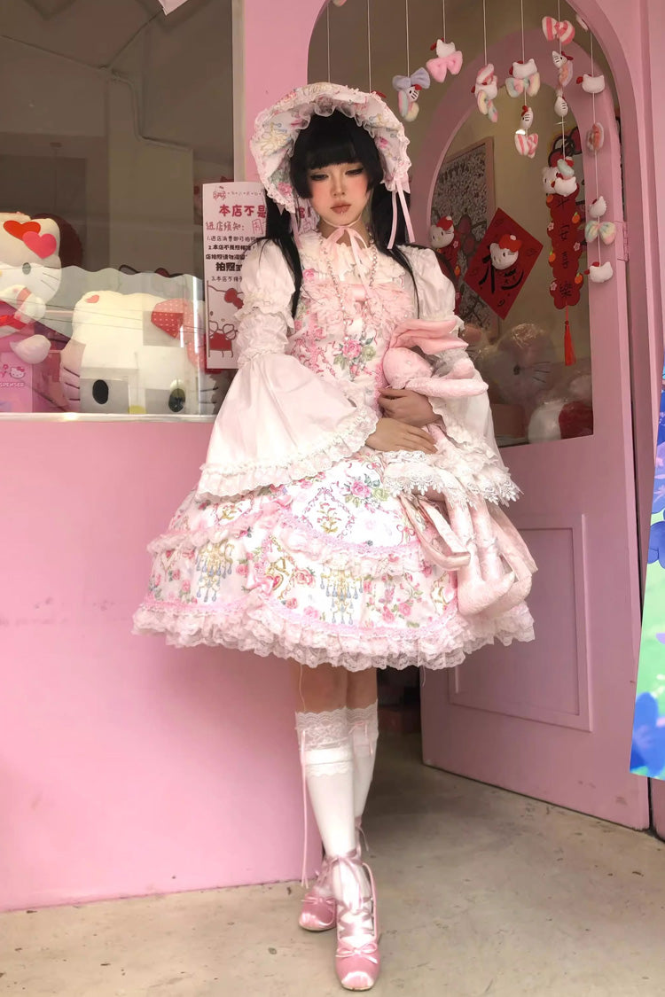 White/Pink Sleeveless Flower Wall Print Ruffle Bowknot Lace Sweet Lolita Jsk Dress