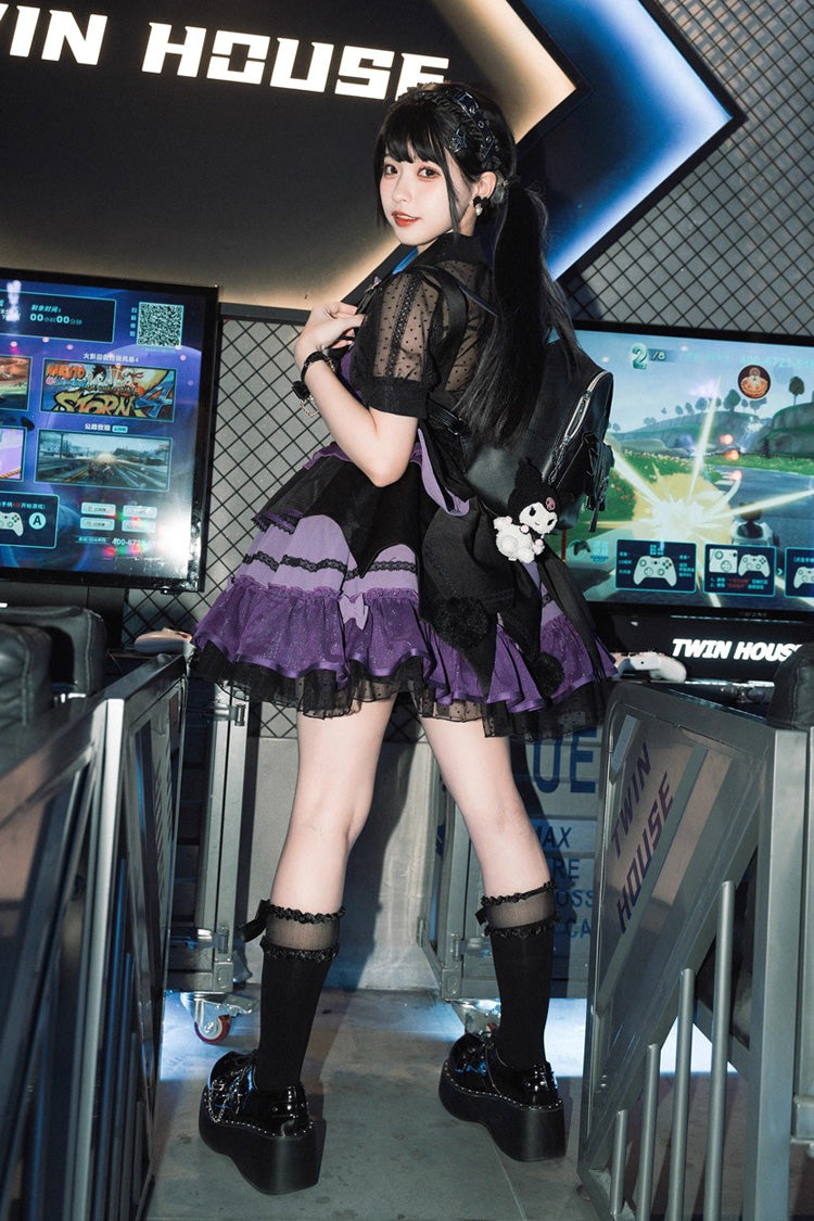 Black/Purple Cotton Cloud Lapel Collar Ruffle Bowknot Lace-Up Gothic Lolita Jsk Dress
