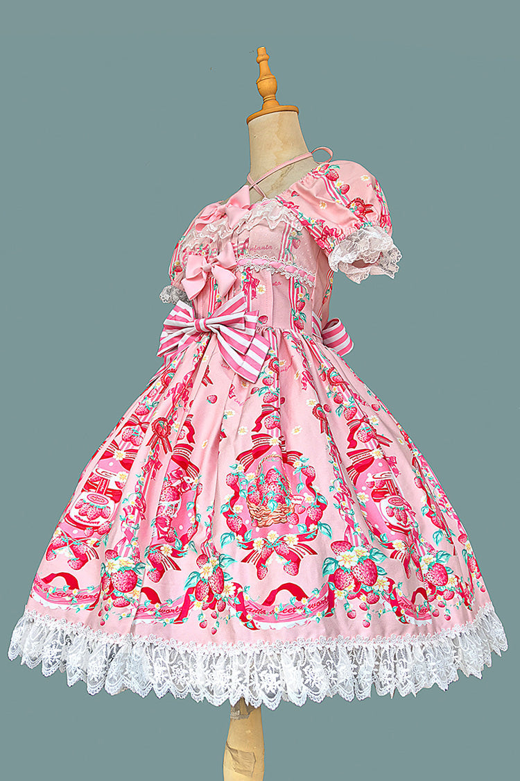 Strawberry Chef Short Sleeves Print Bowknot Lace Sweet Lolita Dress 4 Colors