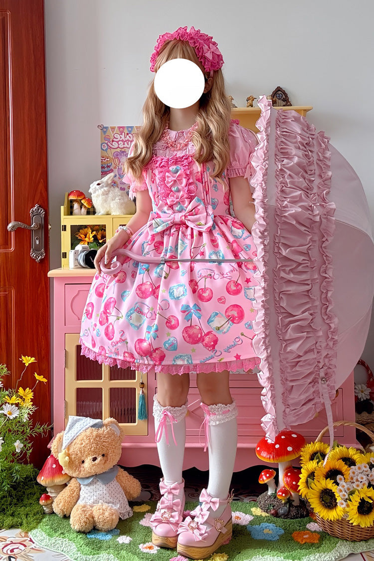 Pink Cherry Sweet Ice Print Ruffle Bowknot Lace Sweet Lolita Jsk Dress