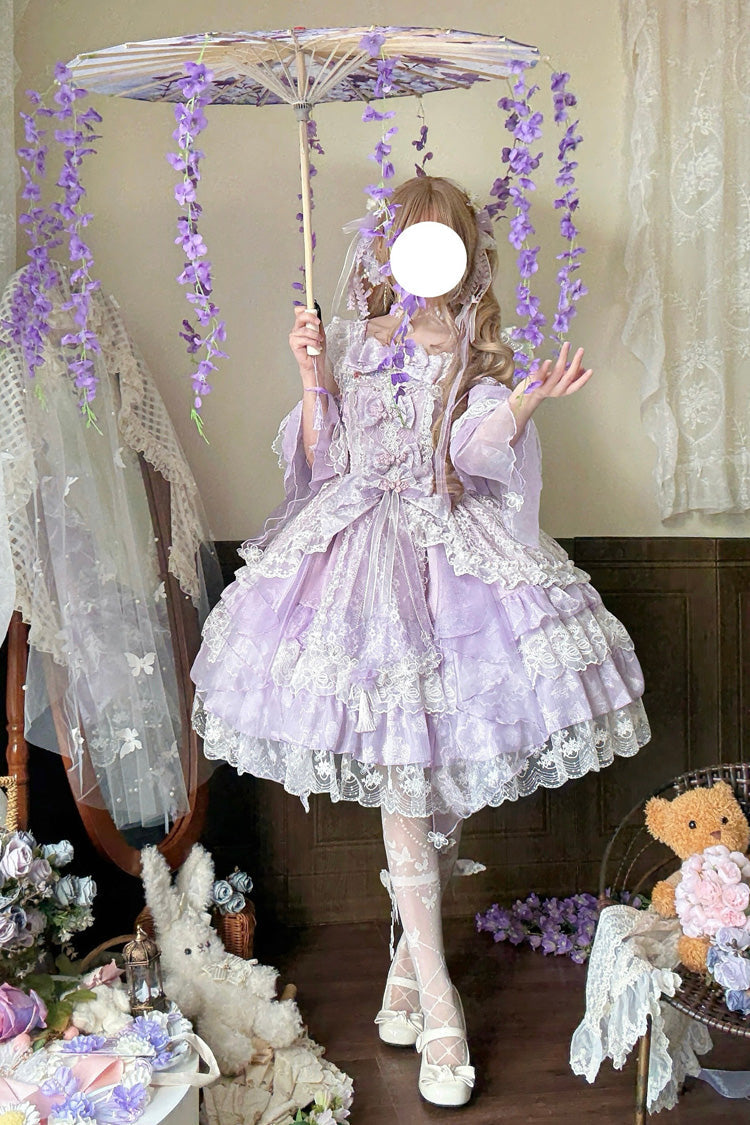 Purple Spring Waters Reflecting Pear Blossoms Ruffled Embroidered Open-Front Bow Lace Sweet Lolita Jsk Dress