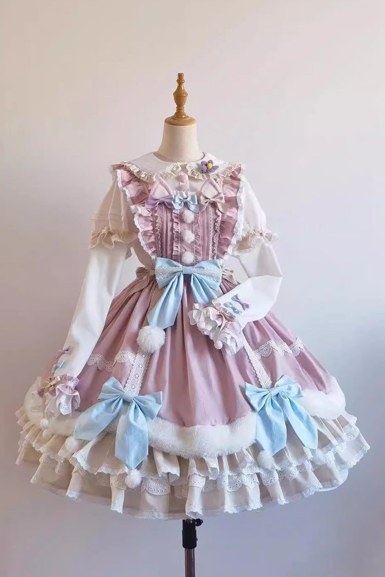 White/Pink Little Fox Multi-layer Ruffle Bowknot Long Sleeves Sweet Lolita Dress