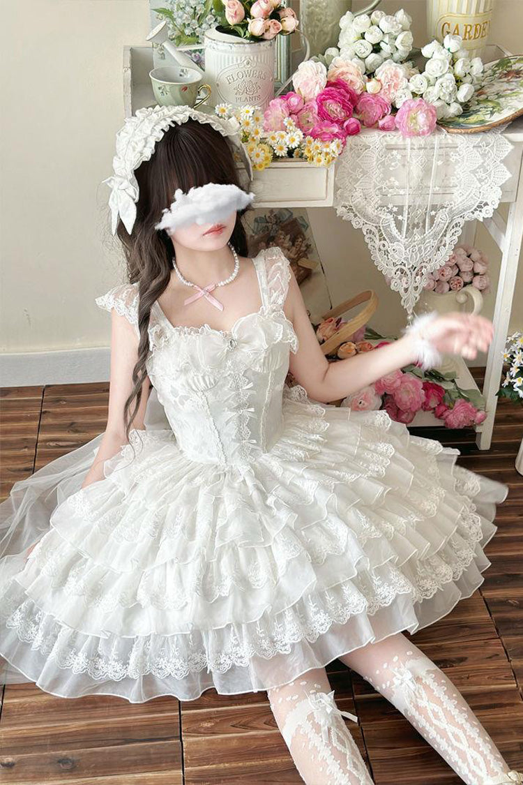 White From Broken Wings to Rebirth Sleeveless Multi-Layered Ruffle Bowknot Lace-Up Gothic Ballet Lolita Jsk Dress