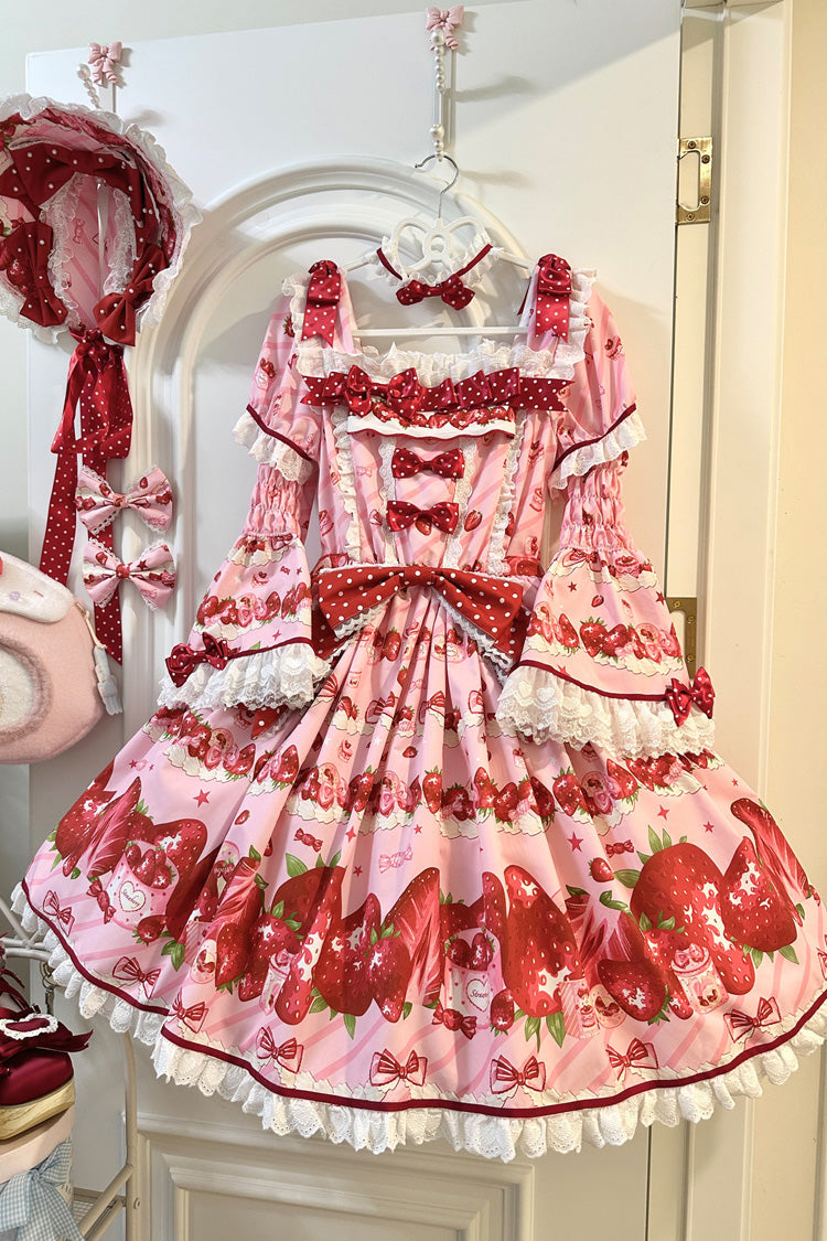 Pink Strawberry Gift Box Short Sleeves Print Ruffle Bowknot Lace Sweet Lolita Dress