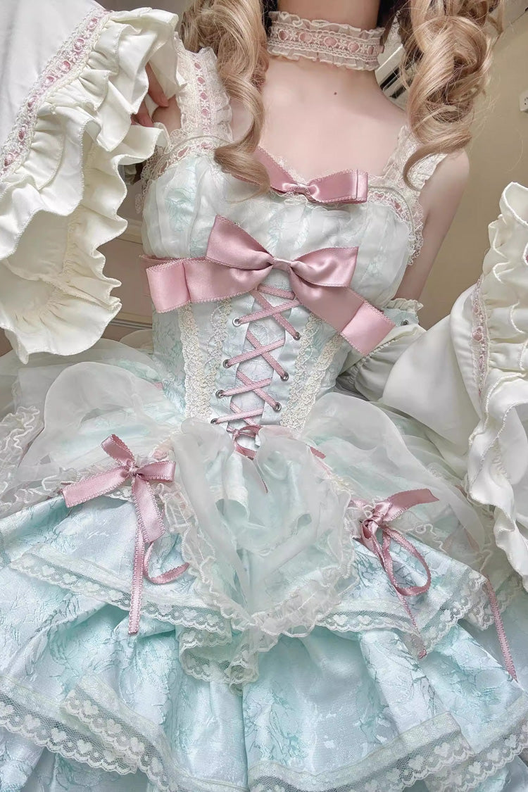 Green Sleeveless Multi-layer Ruffle Bowknot Lace-Up Sweet Princess Lolita Jsk Dress