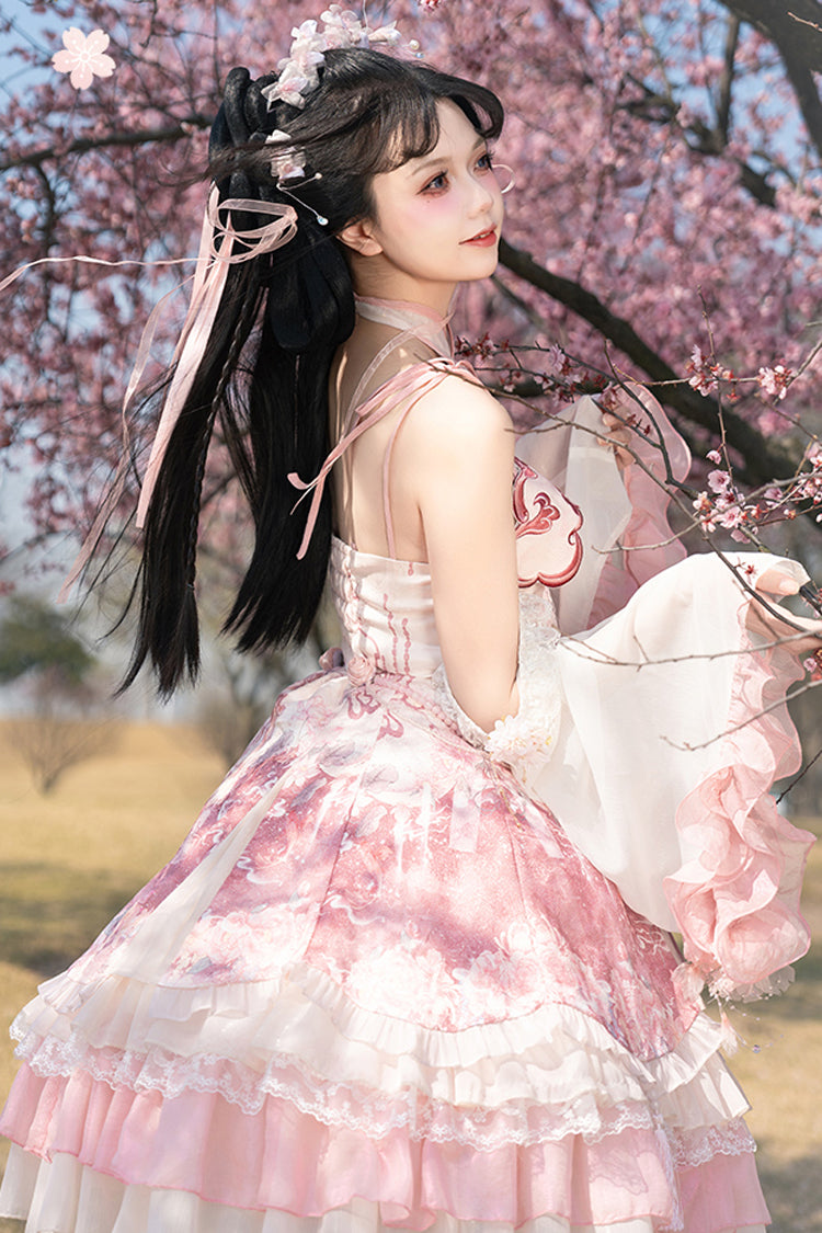 Pink Flower Feast Multi-Layered Print Ruffle Bowknot Sweet Chinese Style Lolita Jsk Dress