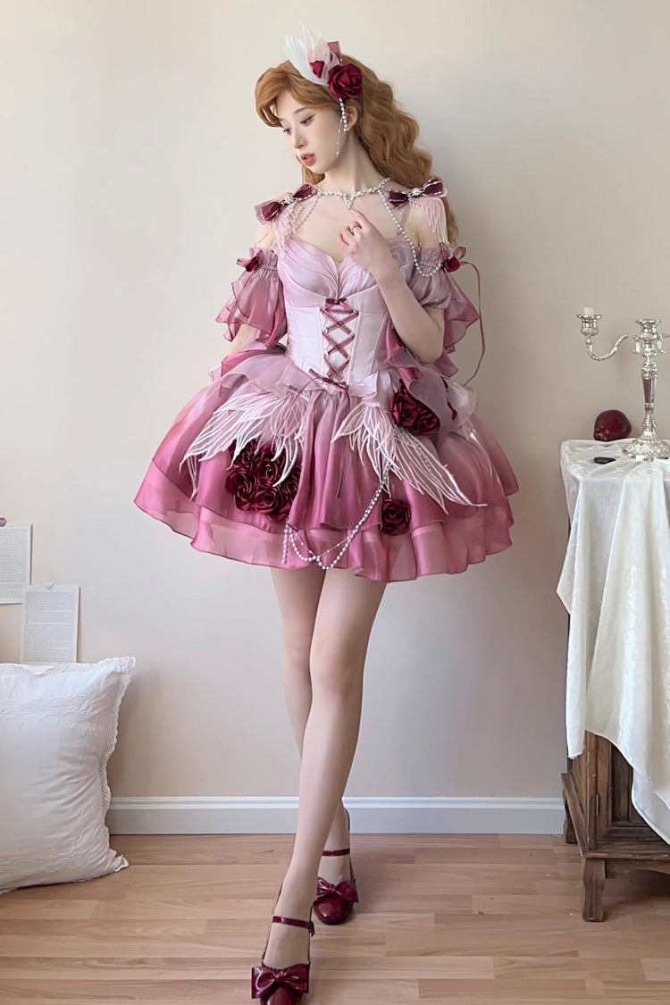 Plum Red Swan Wonderland Embroidery Bowknot Lace-Up Sweet Ballet Lolita Jsk Dress Short Version