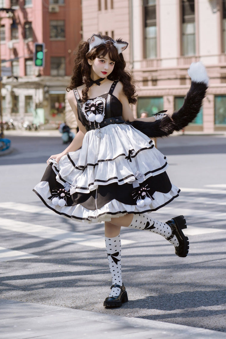 Black/White Cat Fist Triple-Layered Ruffle Bowknot Sweet Lolita Jsk Dress