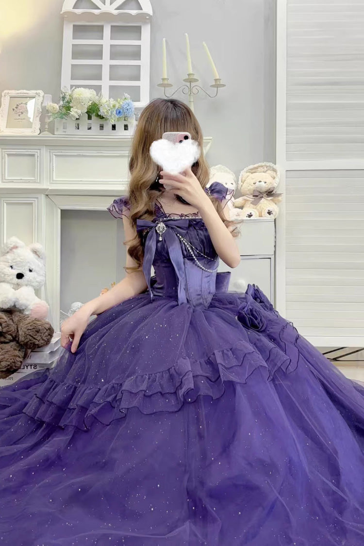 Purple Bright Stars Off Shoulder Ruffle Bowknot Asymmetric Sweet Elegant Princess Lolita Dress