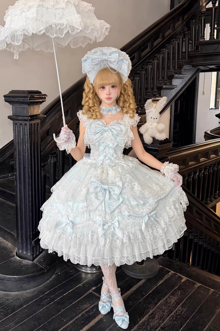 Blue Sakura Dream Romance Sleeveless Multi-Layered Ruffled Hanayome Bow Lace Sweet Princess Lolita Jsk Dress