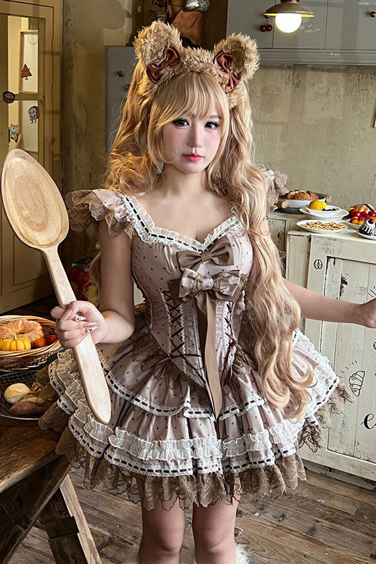 Brown Coco Ballet Sleeveless Double-Layered Bow Lace Lace-Up Sweet Princess Ballet Lolita Jsk Dress