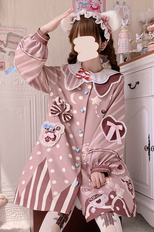 Pink Doll Lapel Collar Single Breasted Lantern Long Sleeves Bear Print Sweet Lolita OP Dress