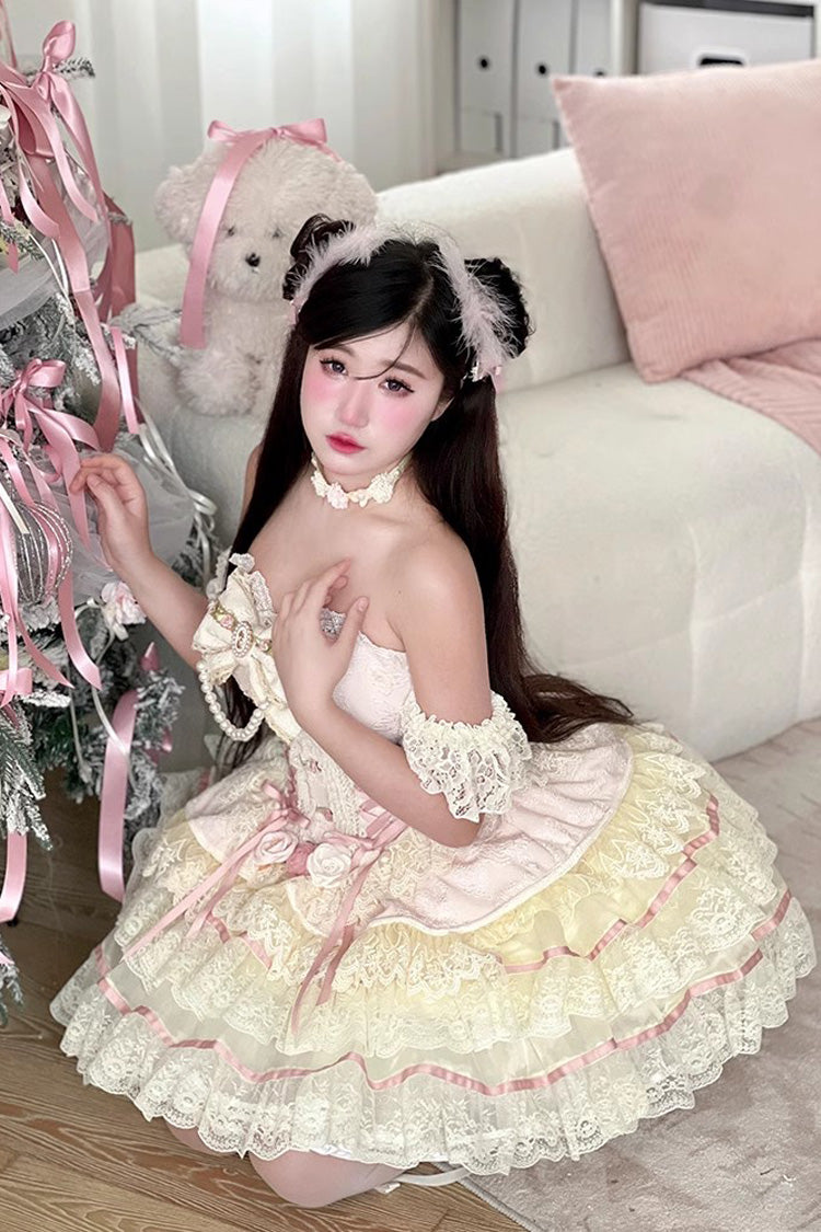 Pink Sweet Tea Rose Dew Triple-Layered Ruffle Bowknot Lace Gorgeous Sweet Lolita Skirt