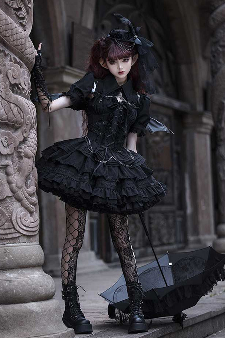 Covenant Cross Sleeveless Triple-Layered Ruffle Bowknot Lace-Up Gothic Lolita Jsk Dress 6 Colors