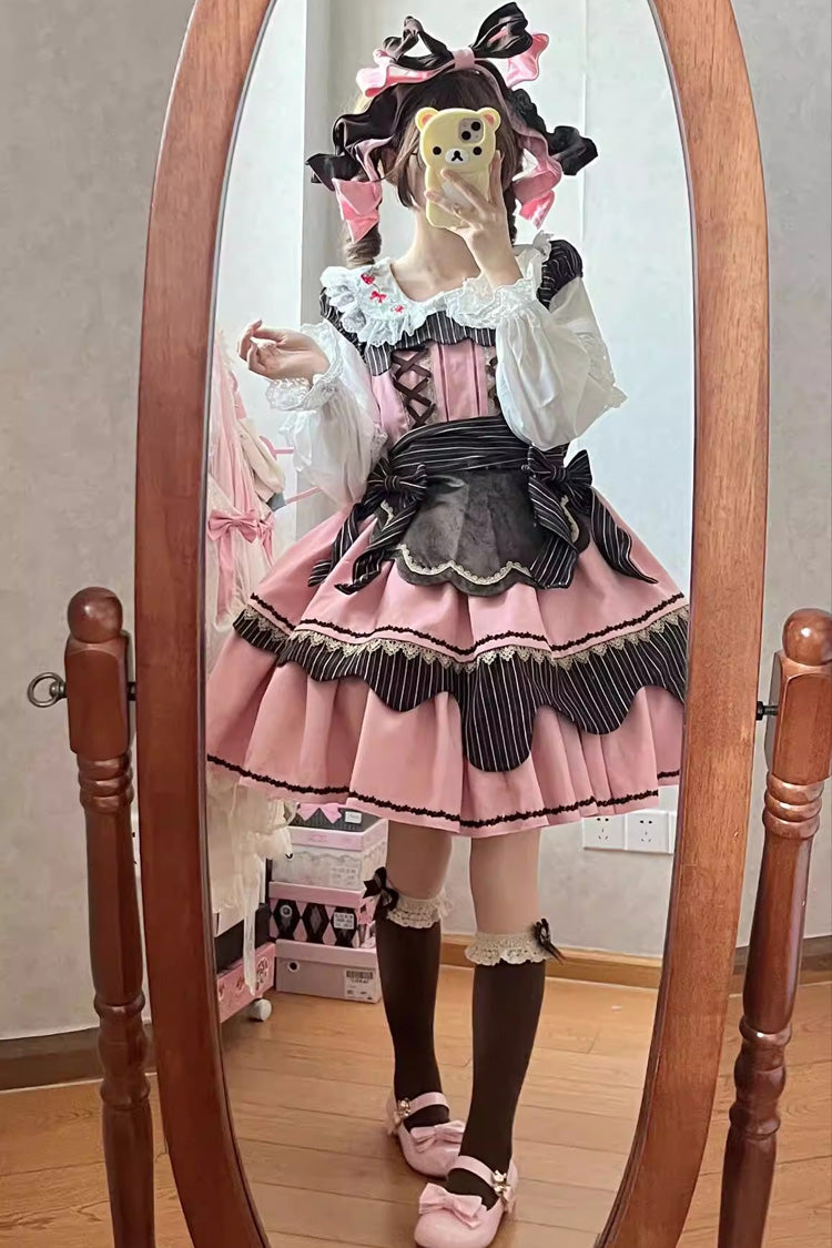 Strawberry and Mint Chocolate Double-Layered Printed Bow Lace-Up Irregular Sweet Lolita Dress 2 Colors