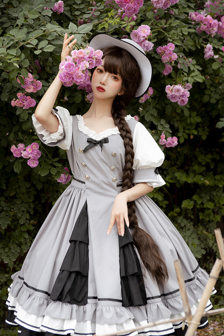 Gray Steel Rose Ruffle Bowknot Vintage Elegant Princess Lolita Dress