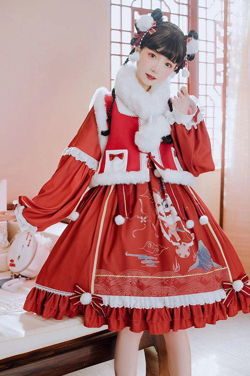 Red Lion Stepping On Hydrangea Print Bowknot Long Sleeves Multi-Layer Ruffled Sweet Lolita OP Dress