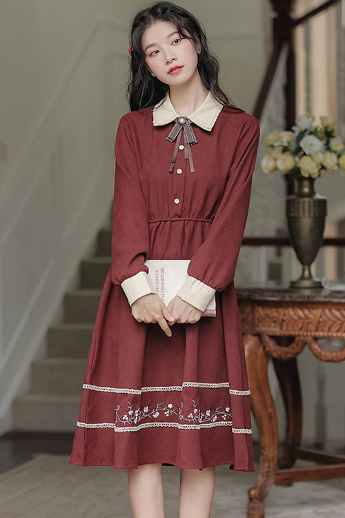 Red Vintage Lapel Collar Long Sleeves Hem Flower Embroidered High Waisted Sweet Lolita Dress