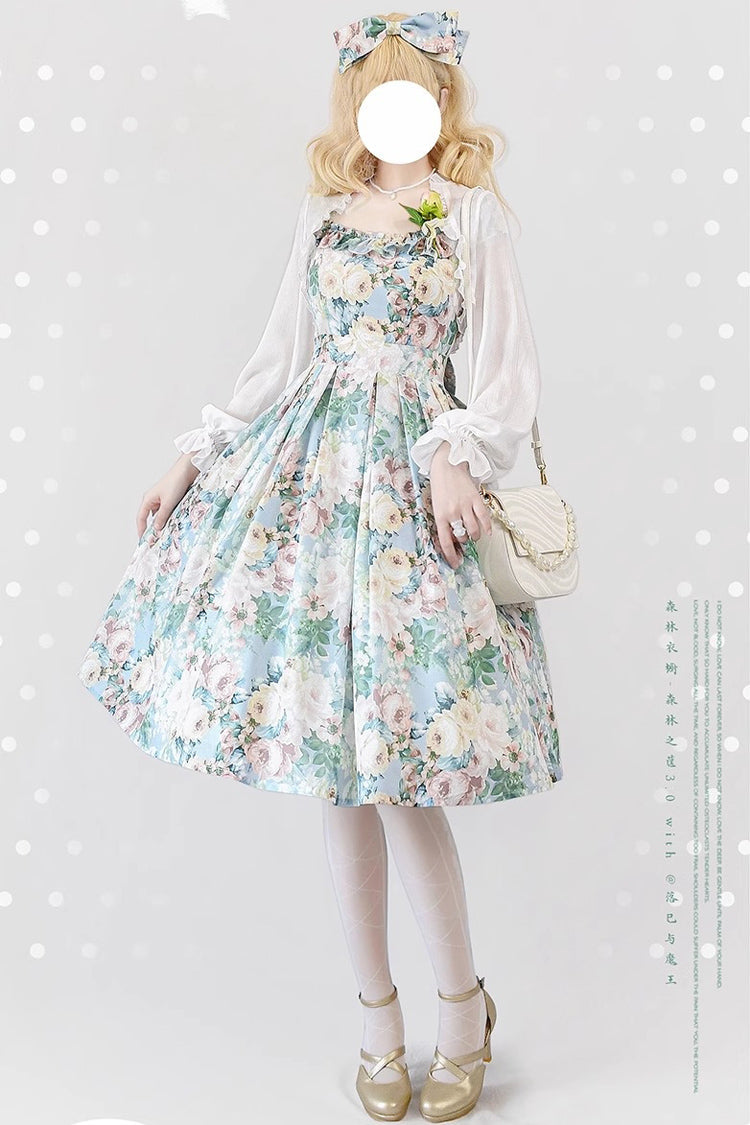 Multi-Color Forest Basket Green Field Flowers Print Bowknot Sweet Elegant Lolita Jsk Dress