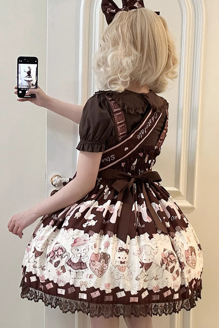 Chocolate Rosette Cat Print Bowknot Stitching Lace Sweet Lolita Jsk Dress 4 Colors