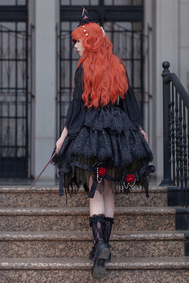 Black Apprentice Witch Double-Layered Ruffle Lace Gothic Lolita Skirt