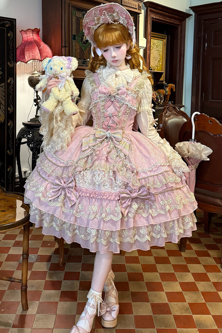 Pink Crown of Gems Triple-Layered Ruffle Bowknot Lace Sweet Gorgeous Lolita Jsk Dress