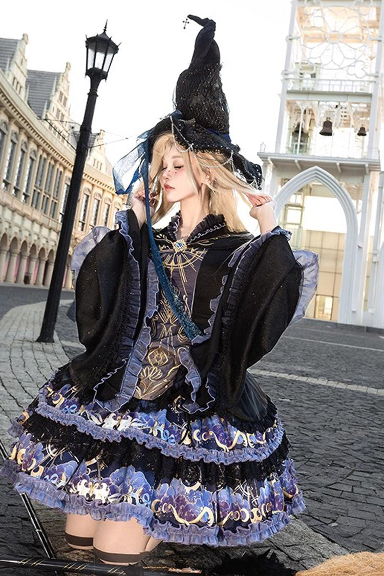 Black Astrology Cat Long Sleeves Double-Layered Print Ruffle Lace Gothic Lolita Dress