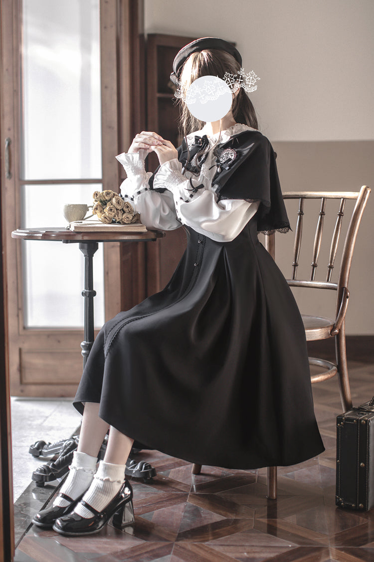 Black/White Sunset Academy Long Sleeves Ruffle Bowknot Fake Two Pieces Vintage College Style Elegant Lolita Dress