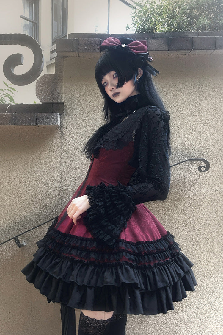 Escape Double-Layered Jacquard Striped Printed Ruffled Slim Gothic Lolita Jumper Dress 3 Colors