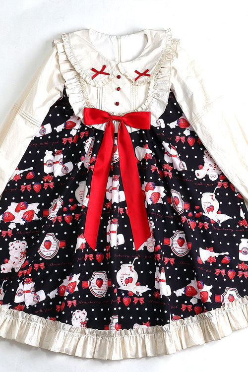 Round Collar High Waist Strawberry Milk Jar Printed Sweet Lolita OP Dress