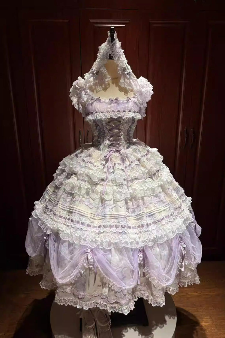 Purple Wisteria Sleeveless Multi-Layered Hanayome Bow Lace Lace-Up Sweet Gorgeous Lolita Jsk Dress Set