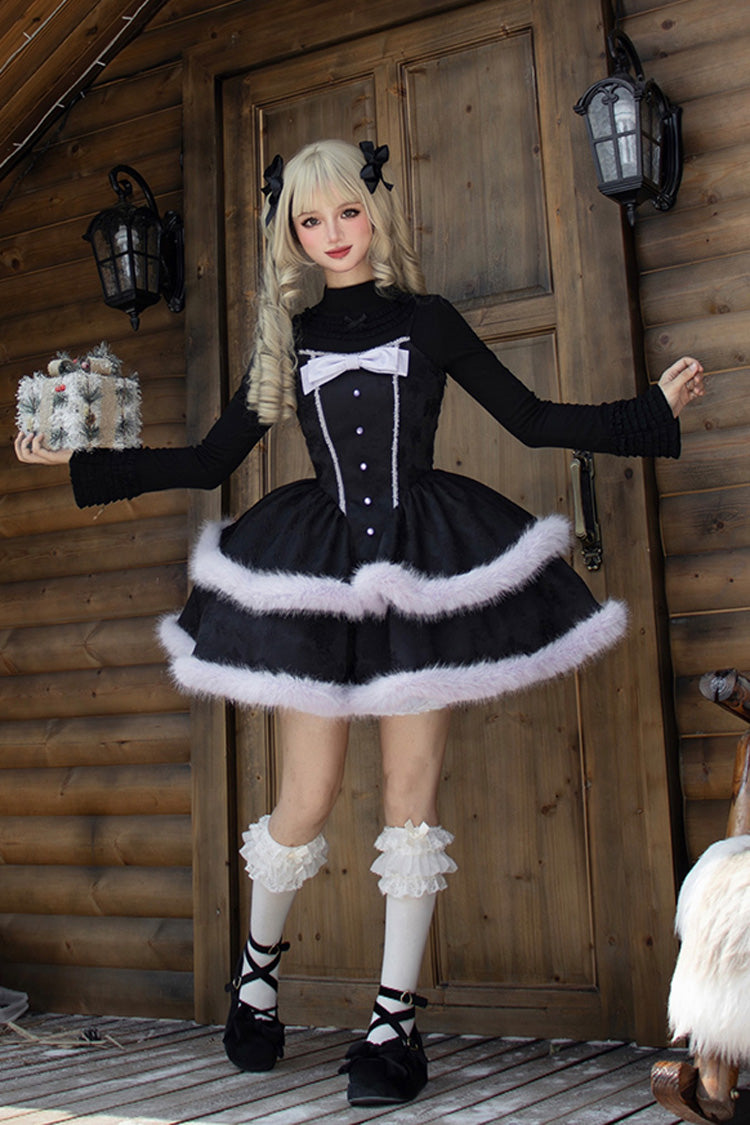 Winter's Wish Double-Layered Jacquard Bowknot Furry Sweet Lolita Jsk Dress 2 Colors