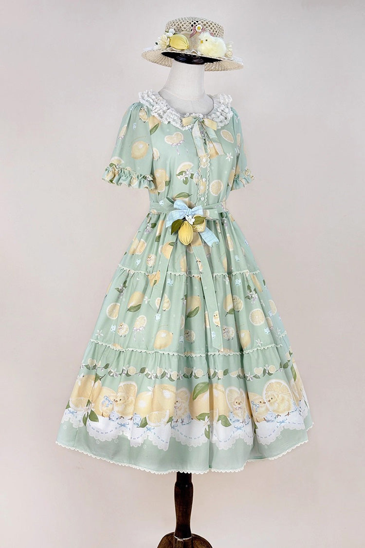 Green Lemon Chicken Short Sleeves Print Ruffle Bowknot Lace Daily Sweet Lolita Dress