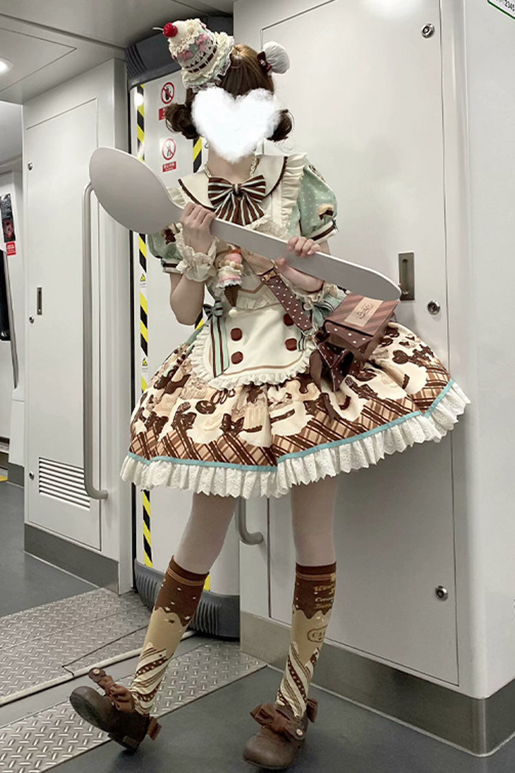 Brown Peppermint Chocolate Chocolate Cake Bear Print Ruffle Bowknot Lace-Up Sweet Lolita Dress