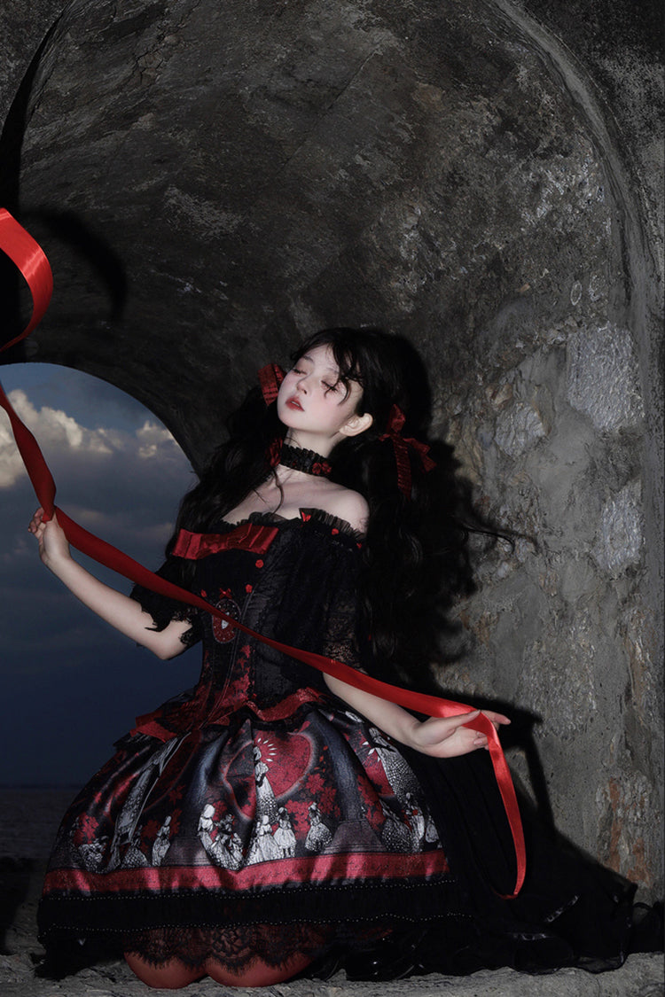Red Dark Moon Corridor Print Embroidery Gothic Lolita Dress Skirt