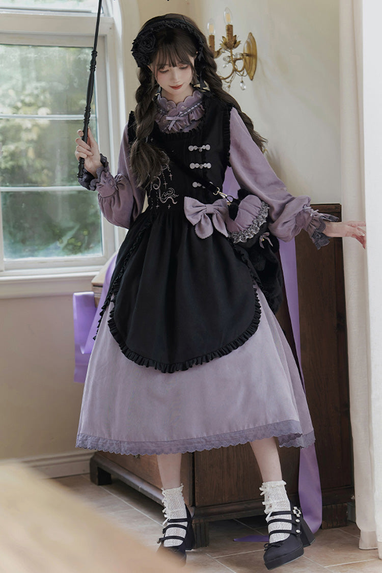 Black/Purple Petal Collar Drawstring Long Sleeves Embroidery Sweet Chinese Style Lolita Dress Two-piece Set