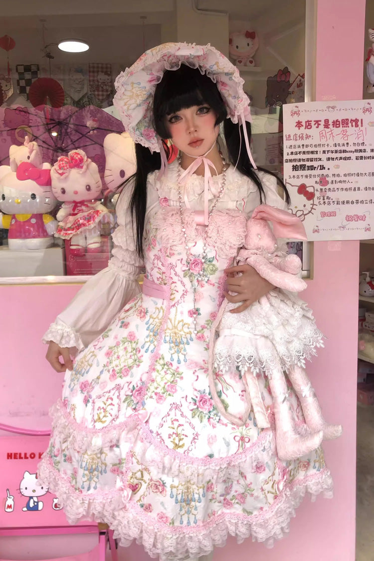 White/Pink Sleeveless Flower Wall Print Ruffle Bowknot Lace Sweet Lolita Jsk Dress
